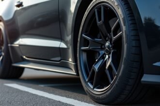 Peremvédős gumi autó felnin, városi környezetben.