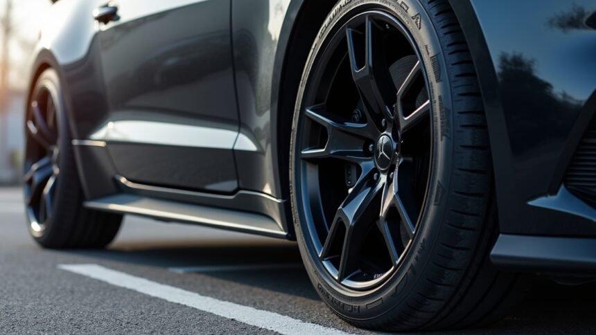 Peremvédős gumi autó felnin, városi környezetben.