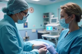 Két egészségügyi dolgozó konzultál a Trexan kezelésről