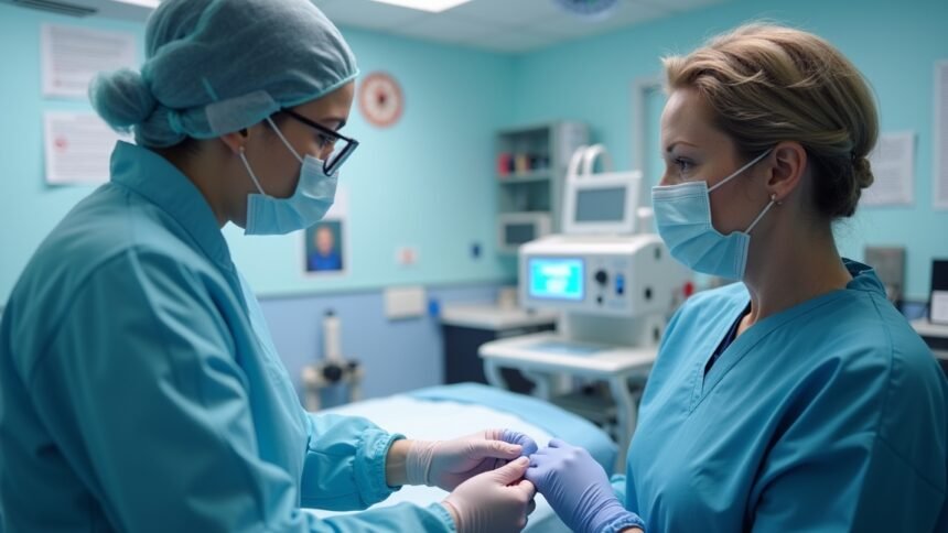 Két egészségügyi dolgozó konzultál a Trexan kezelésről