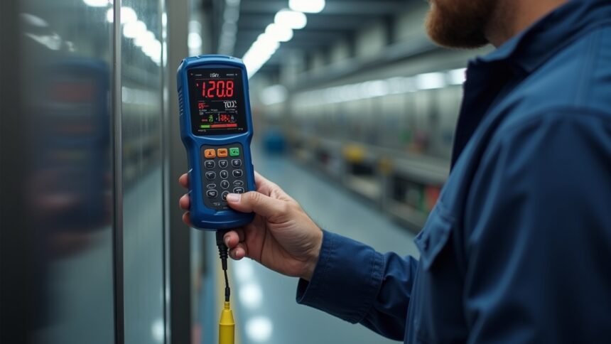 Rétegvastagság mérő használat közben egy ipari környezetben.