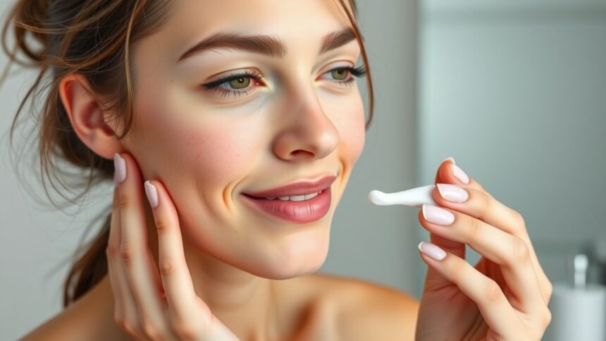 Fiatal nő bőrápoló krémet alkalmaz az arcán, gondoskodva bőréről.