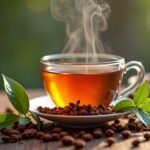 Szegfűszeg tea gőzölög egy pohárban, körülötte fűszerek.