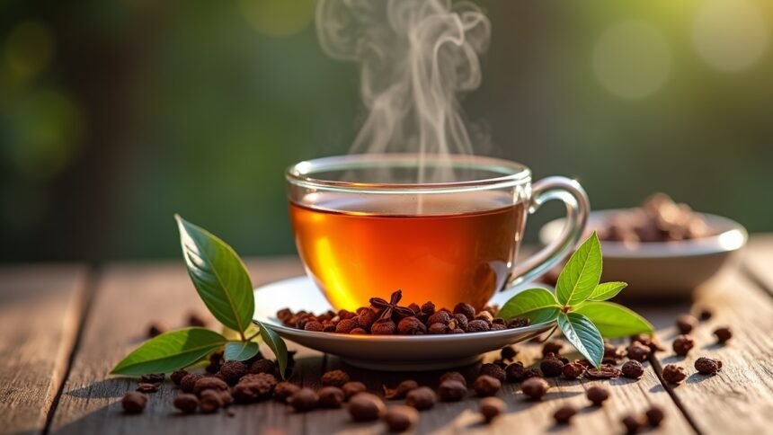 Szegfűszeg tea gőzölög egy pohárban, körülötte fűszerek.