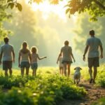 Család sétál a természetben, egészség és környezetvédelem