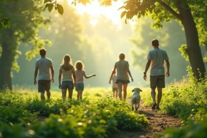 Család sétál a természetben, egészség és környezetvédelem