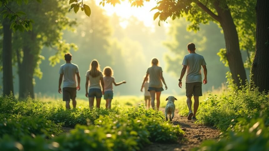 Család sétál a természetben, egészség és környezetvédelem