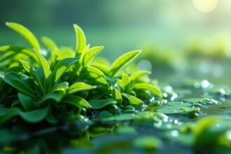 Zöld alga növények vízfelszínen, természetes környezetben.