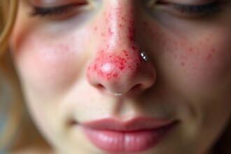 Orrpiercing után látható bőrirritáció és vérzés jelei.