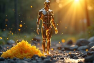 Egy emberi test vázlata kénnel, a természetben, napfényben