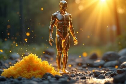 Egy emberi test vázlata kénnel, a természetben, napfényben