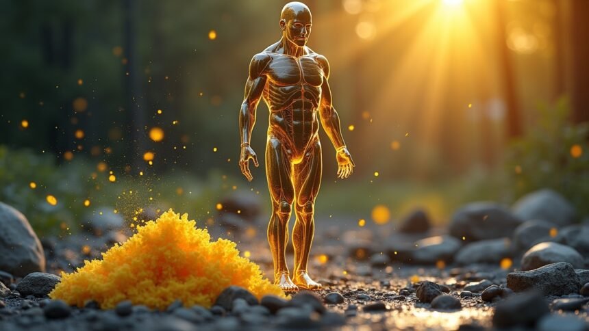 Egy emberi test vázlata kénnel, a természetben, napfényben