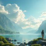 Fiatalok a természetben, hegyek és víz mellett, a klímaváltozás hatásainak feltérképezése során.