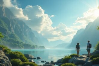 Fiatalok a természetben, hegyek és víz mellett, a klímaváltozás hatásainak feltérképezése során.