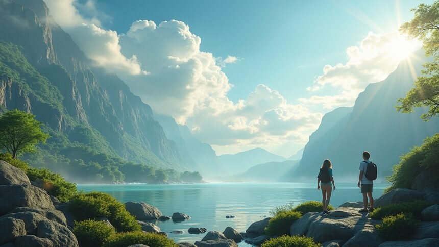 Fiatalok a természetben, hegyek és víz mellett, a klímaváltozás hatásainak feltérképezése során.