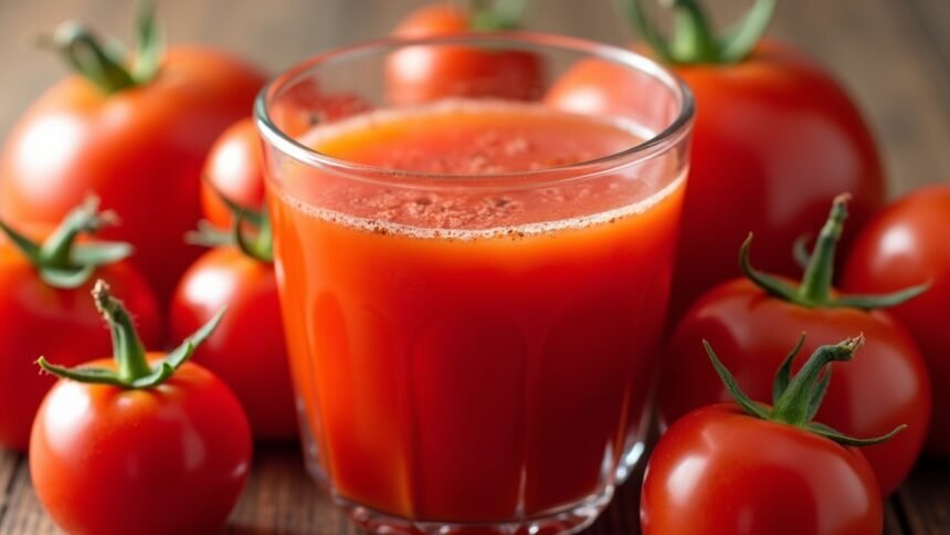 Friss paradicsomlé és érett paradicsomok a háttérben.