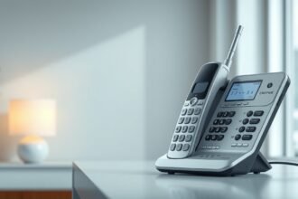 DECT telefon a modern otthoni irodában, vezeték nélküli kommunikációval.