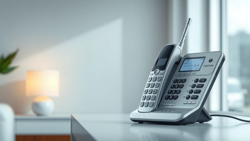 DECT telefon a modern otthoni irodában, vezeték nélküli kommunikációval.