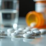 Fehér tabletták és pohár víz, oxycodon fájdalomcsillapító bemutatás.