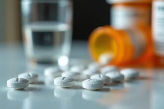 Fehér tabletták és pohár víz, oxycodon fájdalomcsillapító bemutatás.