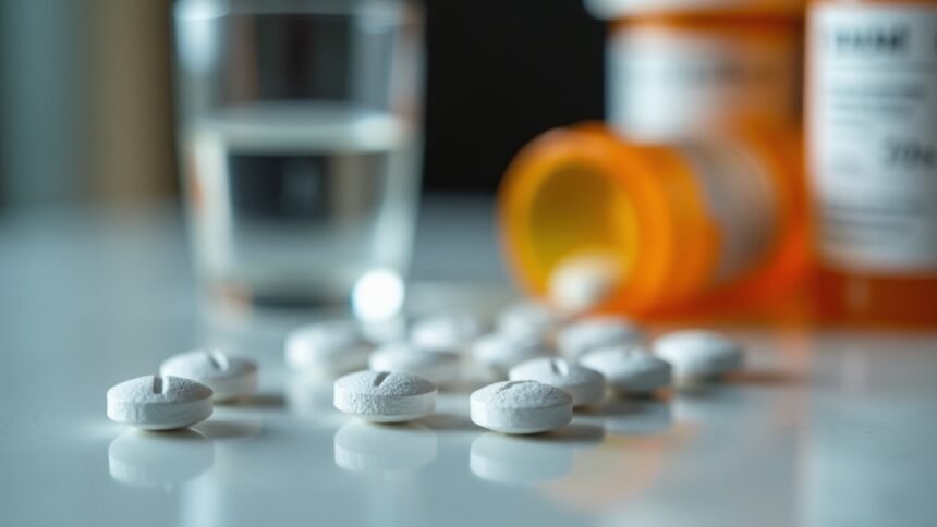 Fehér tabletták és pohár víz, oxycodon fájdalomcsillapító bemutatás.