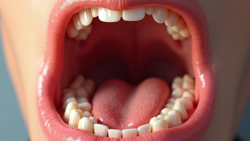 A nyitott száj látványa, kiemelve a nyelvet és a fogakat.