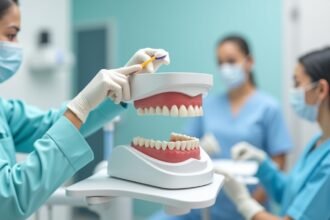 Fogpótlások bemutatása fogorvosi környezetben, fogápolásra fókuszálva.