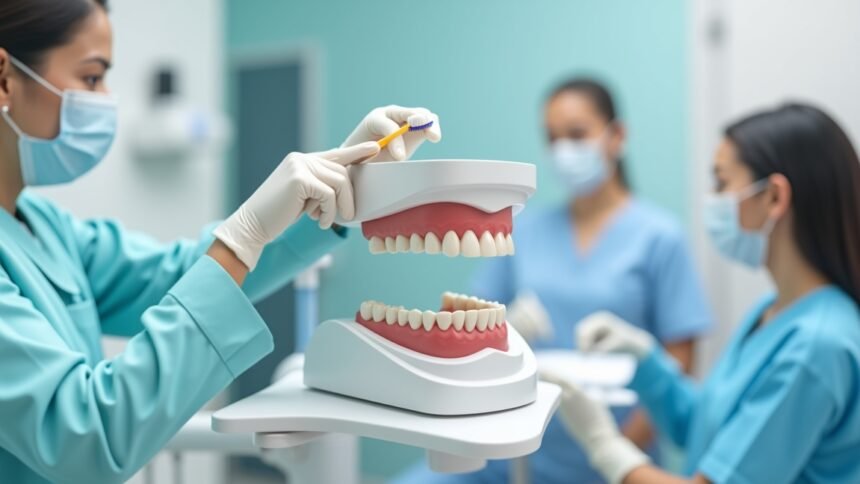 Fogpótlások bemutatása fogorvosi környezetben, fogápolásra fókuszálva.