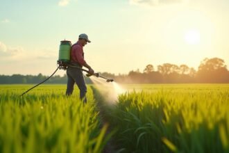 Férfi növényvédőszer kijuttatása a mezőn