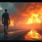 Egy férfi sétál egy úton egy radioaktív baleset nyomán, égő felhőkkel.