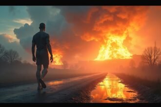 Egy férfi sétál egy úton egy radioaktív baleset nyomán, égő felhőkkel.