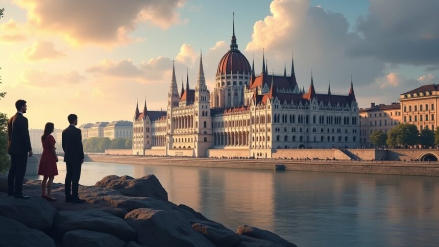 A magyar parlament épülete és a Duna partján álló emberek.