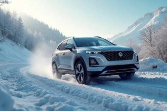 Modern SUV navigating snowy downhill terrain with advanced descent control.