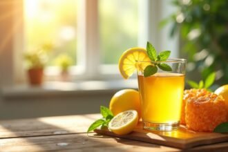 Friss mézes víz citrommal és mentalevéllel a fából készült asztalon.