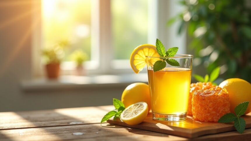 Friss mézes víz citrommal és mentalevéllel a fából készült asztalon.