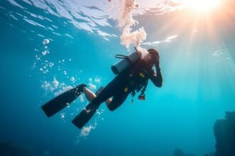 Búvár merülése nitrox keverékkel, víz alatti környezetben.