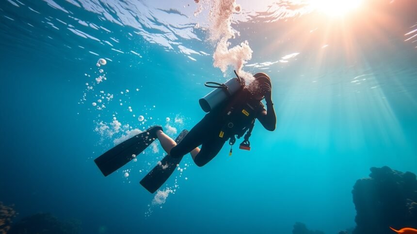 Búvár merülése nitrox keverékkel, víz alatti környezetben.