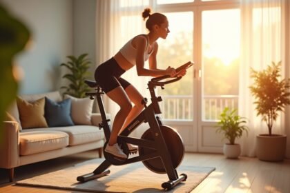 Nő szobabiciklizik otthon, napfényben, egészséges életmód