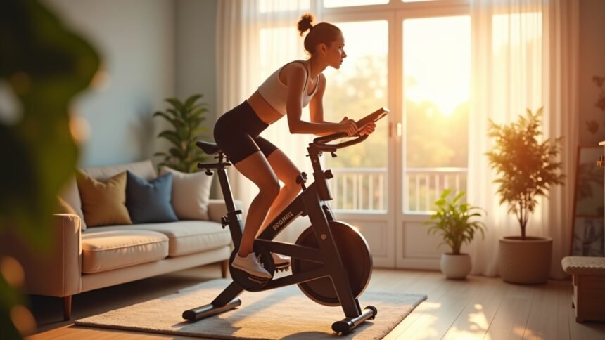 Nő szobabiciklizik otthon, napfényben, egészséges életmód