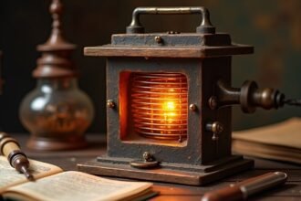 Régi Volta-elem, világító spirálbuborékkal, könyvekkel, régi lámpával körülvéve