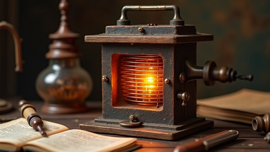 Régi Volta-elem, világító spirálbuborékkal, könyvekkel, régi lámpával körülvéve