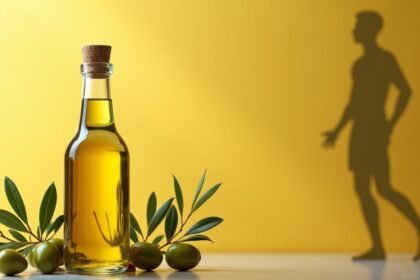 Olívaolaj üveg palack zöld olajbogyókkal és levéllel