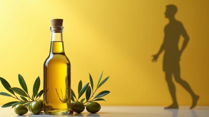 Olívaolaj üveg palack zöld olajbogyókkal és levéllel