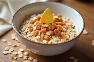 Zabpehely tálban, aszalt gyümölcsökkel díszítve.