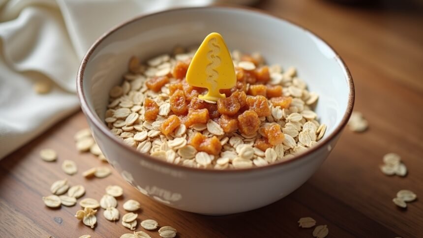 Zabpehely tálban, aszalt gyümölcsökkel díszítve.