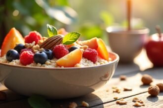 Tál zabpehely friss gyümölcsökkel és diófélékkel, egészséges reggeli.