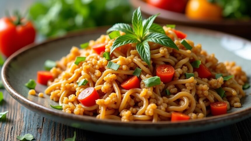 Tál egészséges pacalos étellel, friss zöldségekkel, tápanyagban gazdag táplálkozás.