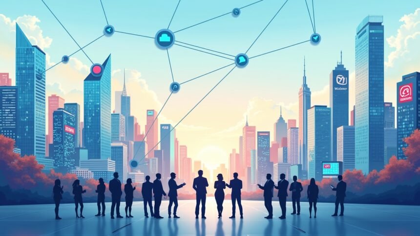 Üzleti megbeszélés a város skyline-ja előtt, globális terjeszkedési lehetőségek