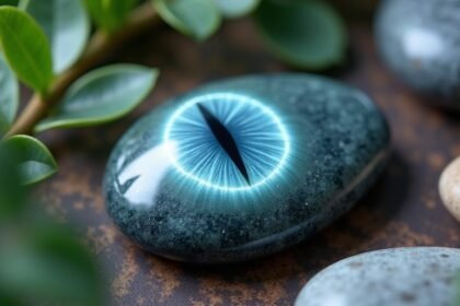 Sólyomszem kő közelről, zöld levelekkel körülvéve