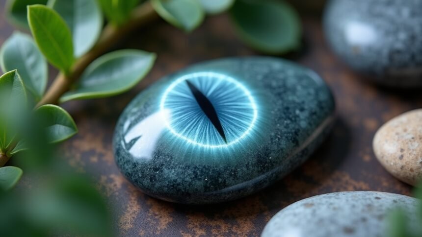 Sólyomszem kő közelről, zöld levelekkel körülvéve